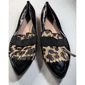 Kate Spade Womens Cayla Leopard Calf Fur Fringe Patent Leather Loafers Size 10 M